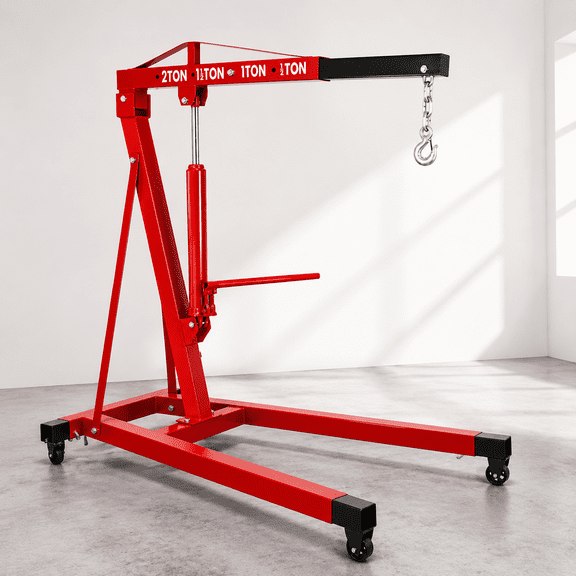 Engine Hoist 2 Ton Hydraulic Lift, Shop Crane Adjustable Boom, Hoist Crane Steel Frame for Auto Repair Garage Red