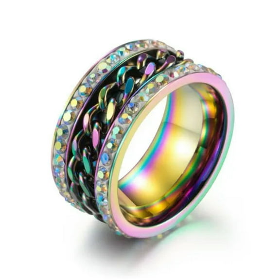 EOEMY 11mm Black/Gold/Rainbow Cz Band Men'S Stainless Steel Spinner Chain Wedding Ring