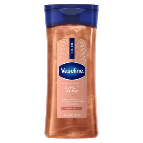 Vaseline Glazed & Glisten Sunlit Glow Vanilla Cocoa Shimmering Body Gel Oil  with Ultra-Hydrating Lipids and 100% Pure Cocoa Butter, 6.8 fl Oz