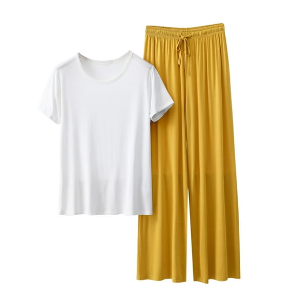 fatyb Pajama Sets for Women Short Sleeve Comfy Tops Wide Leg Sleep Pants 2 Piece Lounge Outfits