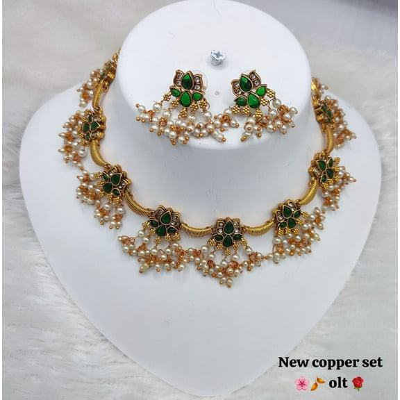 Copper-Plated Green Stone Necklace Set with Pearl Drops & Earrings – Traditional Bridal Jewelry