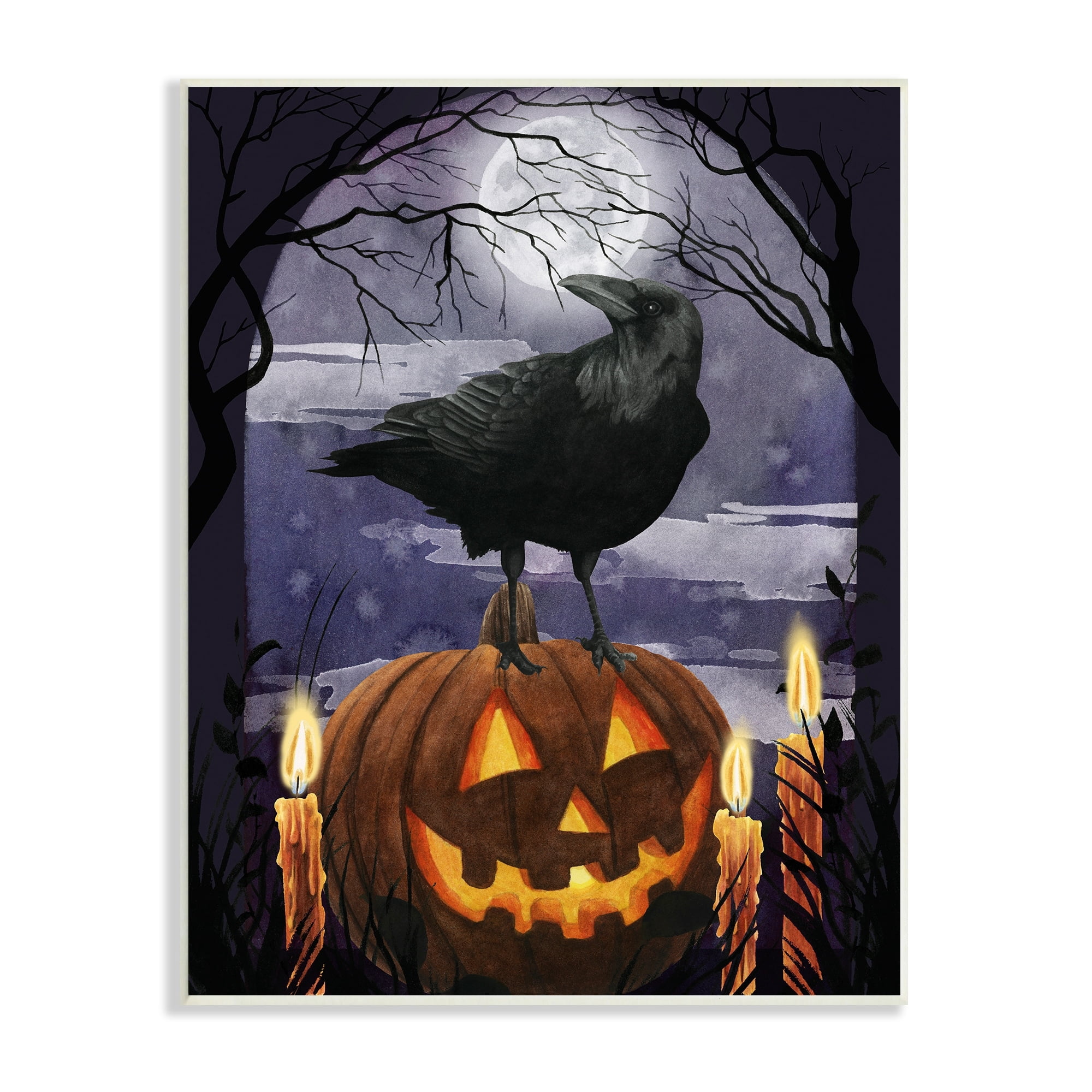 Stupell Industries Spooky Halloween Night Sky Crow Jack-o'-lantern Full Moon, 13 x 19, Design by Grace Popp