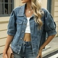thumbnail image 2 of Olyvenn Short Sleeve Denim Jacket 2025 Women Lapel Button Down Casual Jacket Cropped Trucker Jean Jackets Coats Puff Denim Blue S, 2 of 9