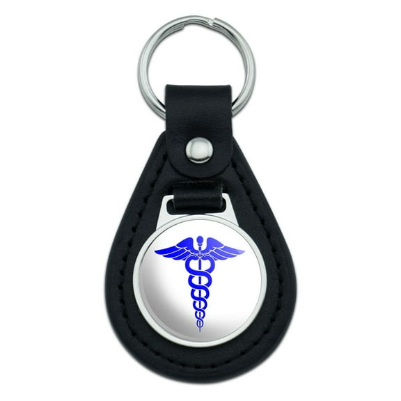 Caduceus Medical Symbol Blue Doctor MD RN EMT Black Leather Keychain