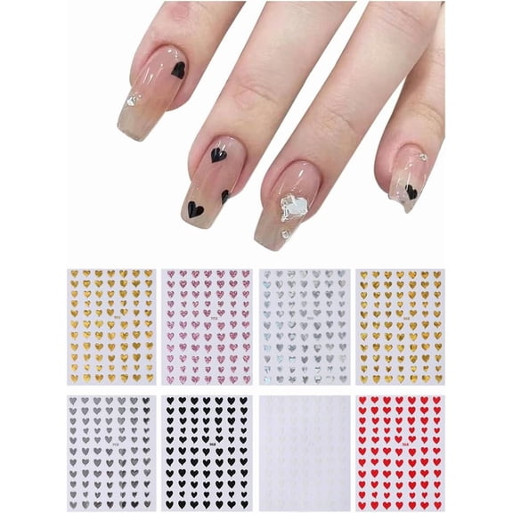 8 Sheets Plastic Self Adhesive Nail Art Stickers Charms Heart Pattern Manicure Decals for Women Craft Nail Tips Decorations Red Black White Pink Yellow Golden 10x8x0.03cm 1set