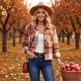 thumbnail image 5 of Womens Plaid Flannel Shacket Button Front Lapel Collar Long Sleeve Cropped Jacket with Chest Pockets XL, 5 of 8