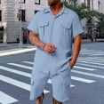 thumbnail image 2 of USNSM Men's Short Sleeve Shorts Two Piece Solid Color Sports Casual Loose Comfort Breathable Short Sleeve Lapel Suit Blue XL, 2 of 6