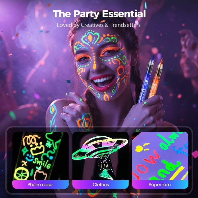 UV Neon Face Paint Markers 12 Colors, Glow in the Dark Body Paint Pens for Skin, Washable Temporary Tattoo Markers for Blacklight Parties Halloween Cosplay