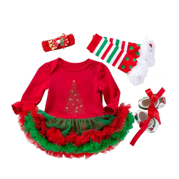 Baby Girls Christmas Tutu Romper Dress Set with Headband Shoes Socks for First Holiday Outfit