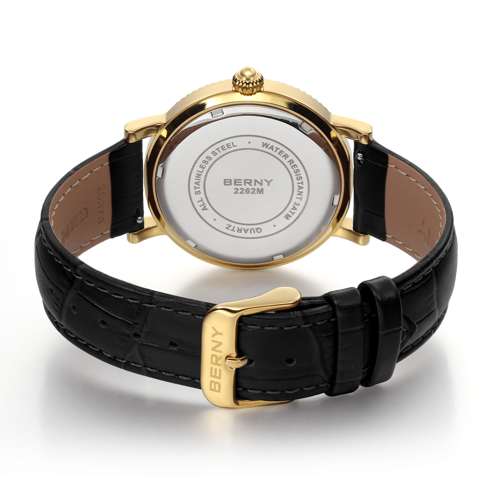 BERNY Mens Leather Watch, Vintage Roman Numerals Moon Phase Dress Watch with Day & Date, Stainless Steel, Sapphire Crystal, Waterproof, Fashion Luxury Analog Quartz Wrist Watches for Men (Gold)