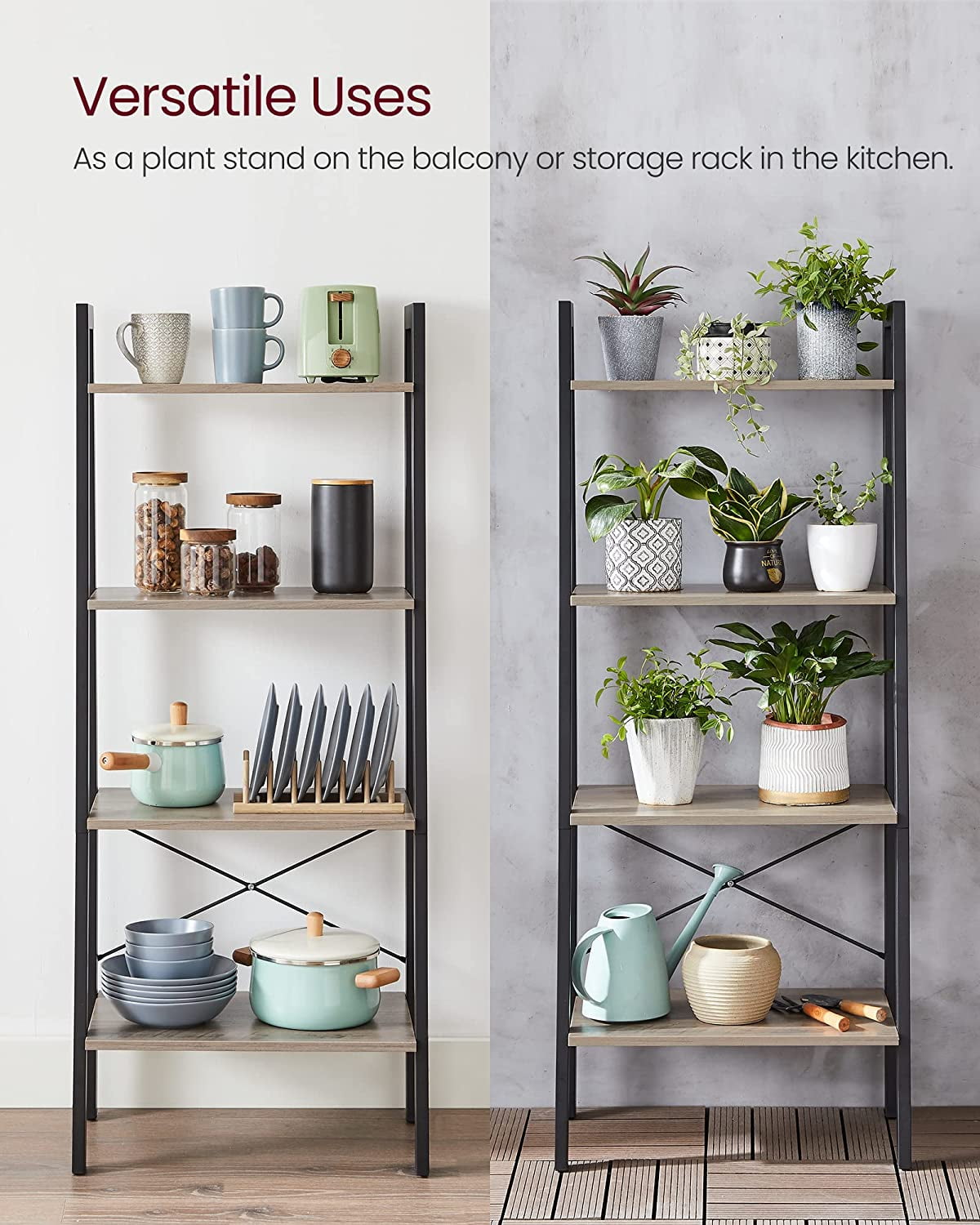 4-Tier Ladder Shelf Ladder Bookshelf Bookcase Storage Rack with Steel Frame Greige and Black