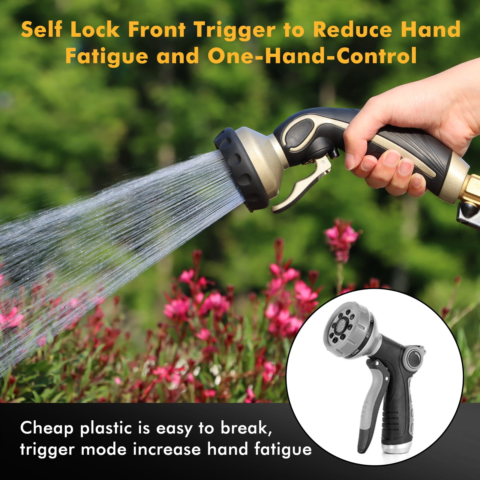 Restmo Garden Hose Nozzle, Heavy Duty Metal Water Hose Nozzle, High Pressure Hand Sprayer with Flow Control for Watering Plants & Lawns