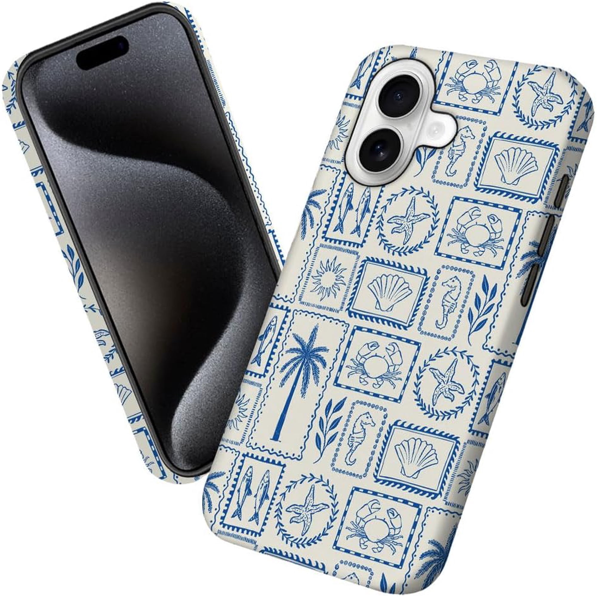 Case for iPhone 17, Blue White Seashells Phone Case Military-Grade Drop Protection Cover for Women Girl - Frosted