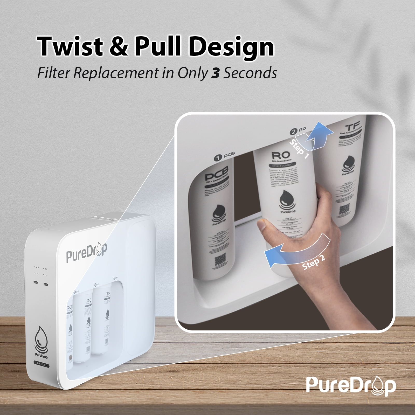 PureDrop PDR-100RO Under Sink 3-Stage Reverse Osmosis Drinking Water Filtration System High Capacity 100 GPD Fast Flow Tankless System