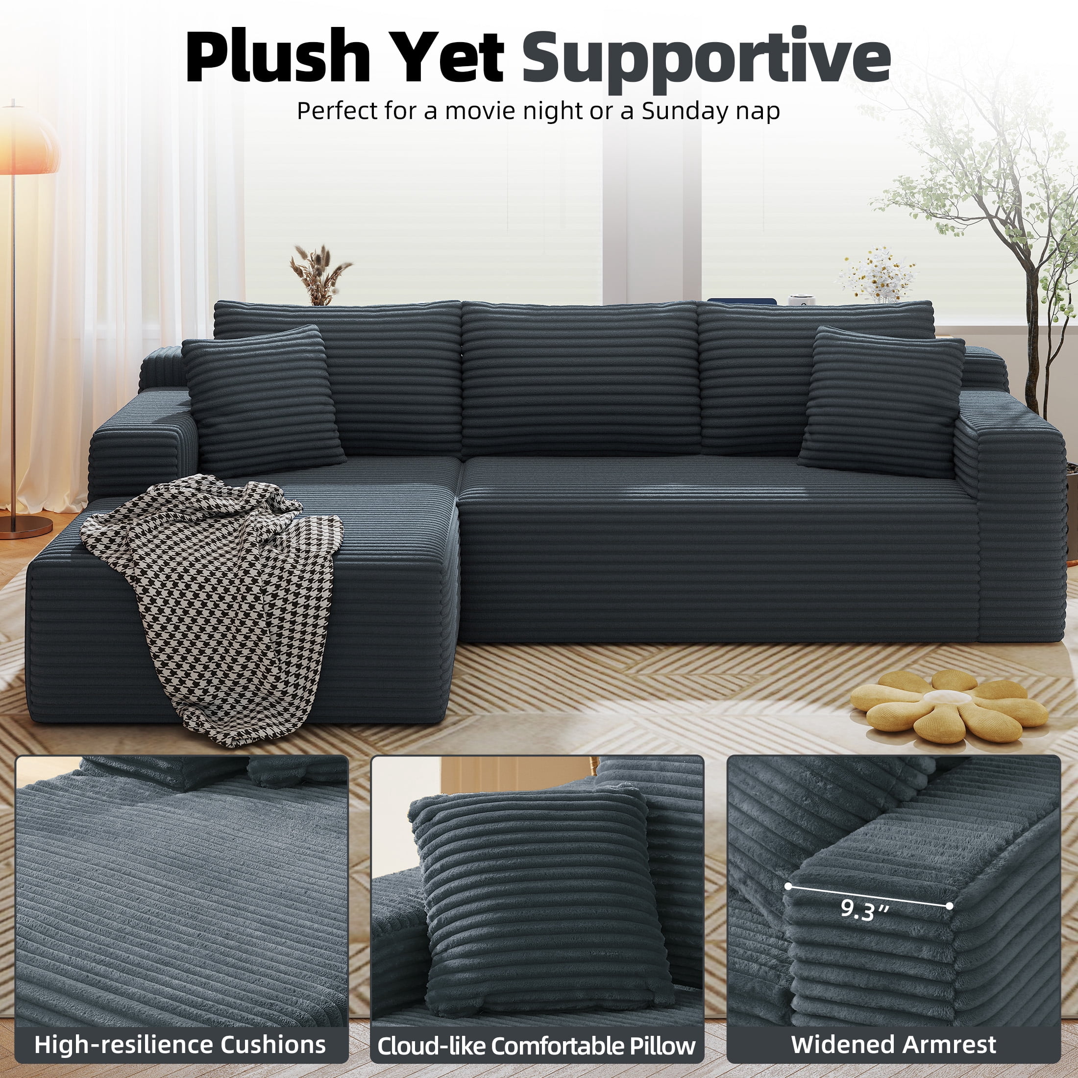 AENKYO 96" Cloud Modular Sectional Sofa with L-Shape Chaise, Deep Seat Corduroy Upholstered Couch, No Assembly Required, Dark Gray