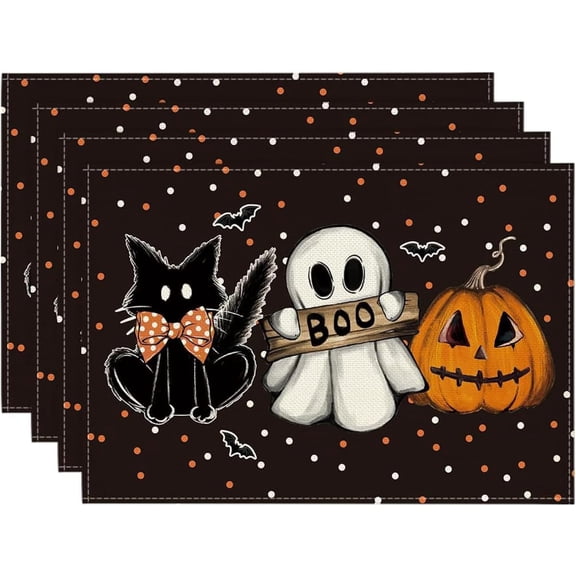 Halloween Table Mats Set of 4, Polka Dot Pumpkin Ghost Black Cat Halloween Linen Table Place Mat 12x18 Inch Seasonal Fall Placemats for Party Kitchen Dining Decoration
