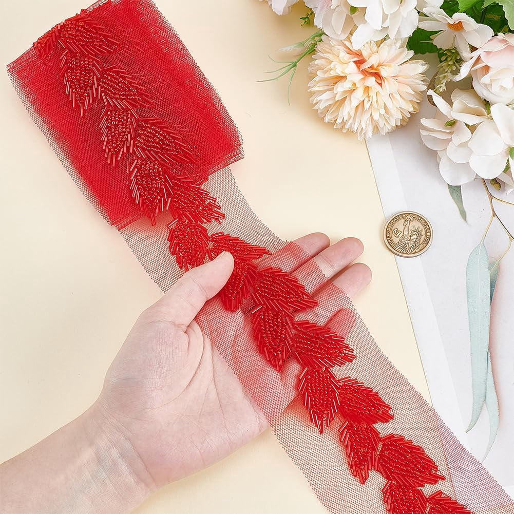 2 Yards Beaded Lace Trim Black Beaded Leaf Applique Ribbon 40mm Lace Mesh Ribbon Glass Bead Trim for Clothing Sewing Crafts Curtain Dance Skirt Decoration Accessories Black