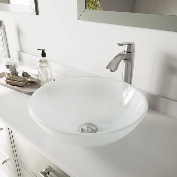 VIGO Glass Round Vessel Bathroom Sink in Frosted White with Linus Faucet and Pop-Up Drain in Brushed Nickel