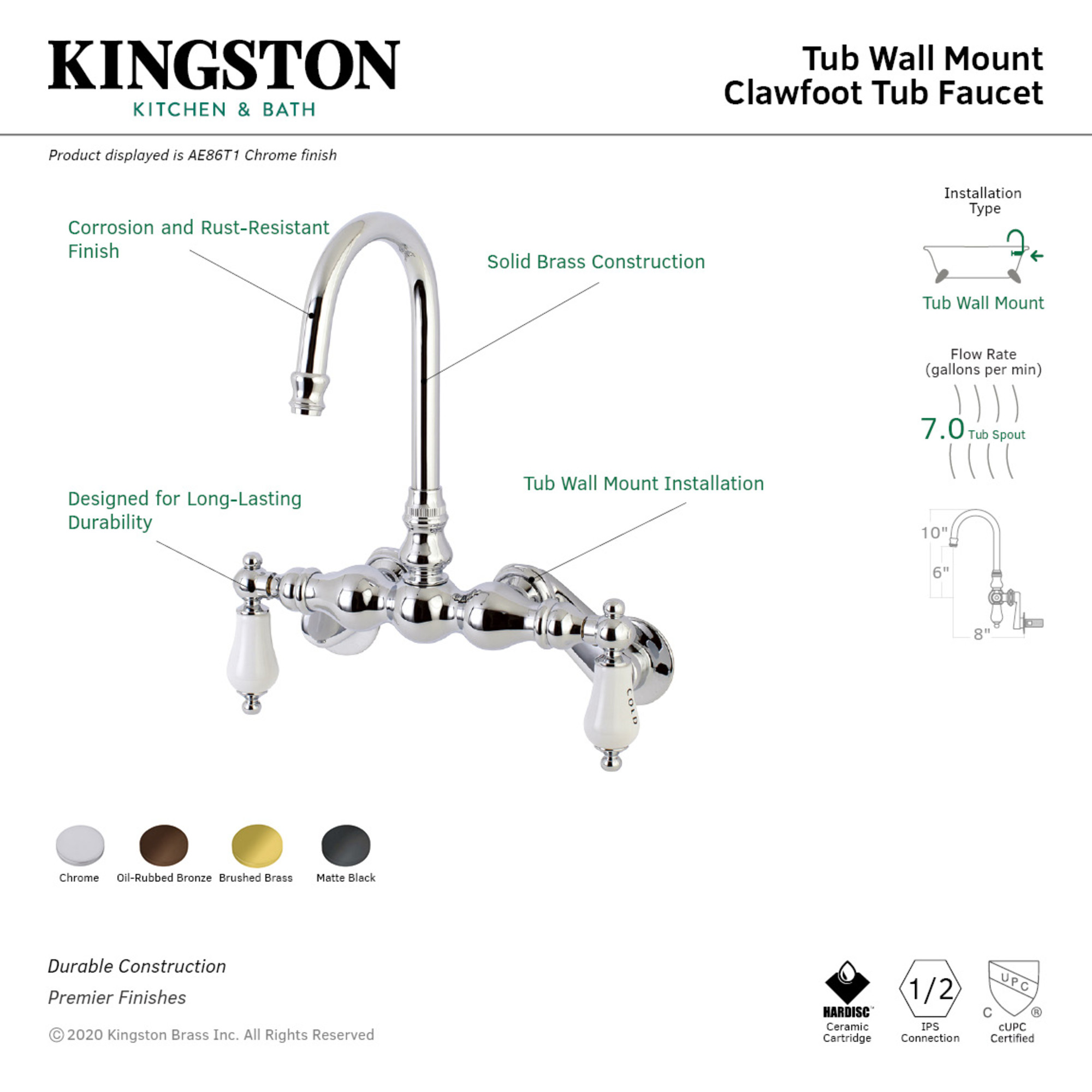 Kingston Brass AE85T0 Aqua Vintage Adjustable Center Wall Mount Tub Faucet, Matte Black