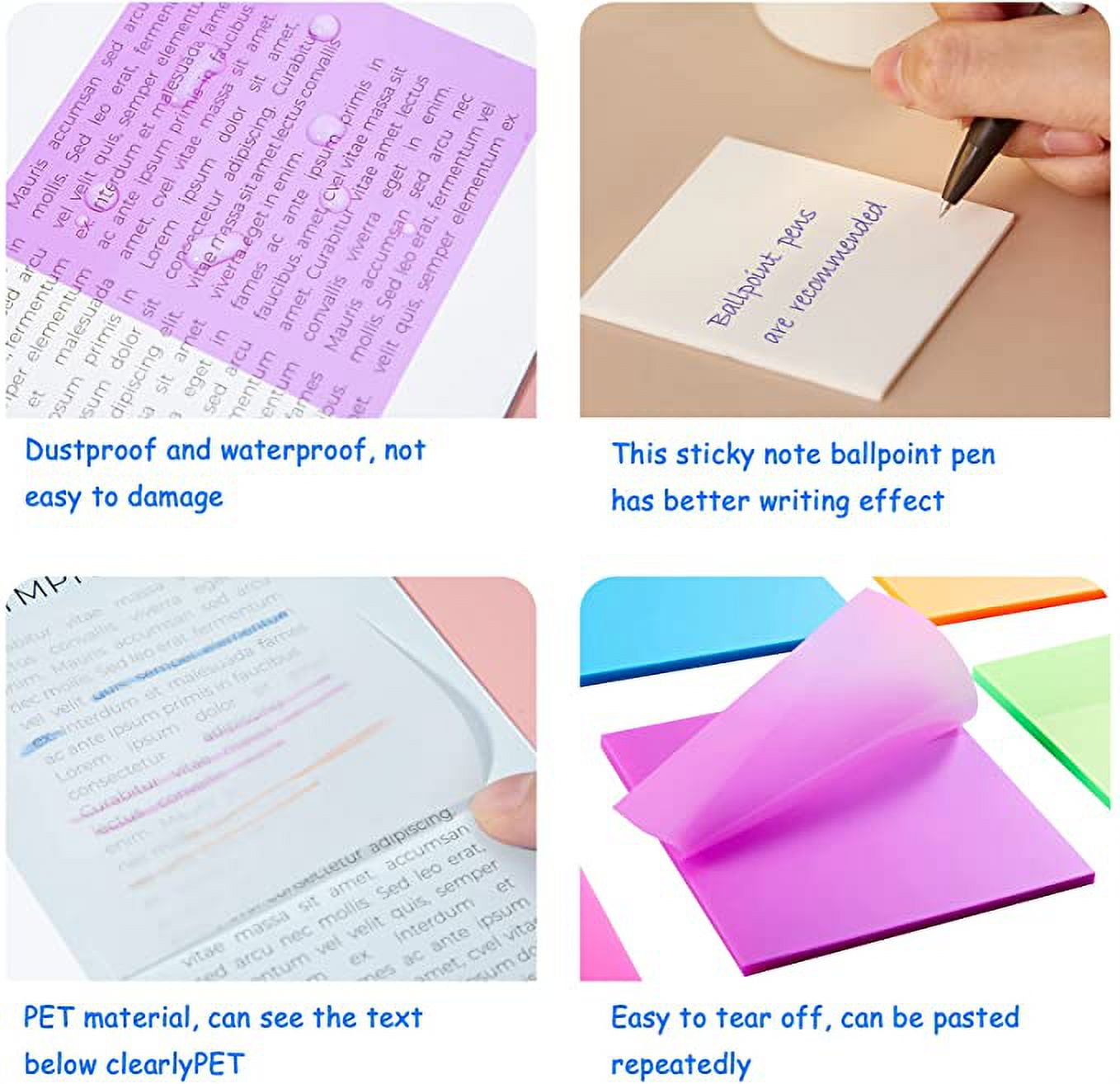 PET Transparent Sticky Note Pads, Multicolor Waterproof Memo Notes