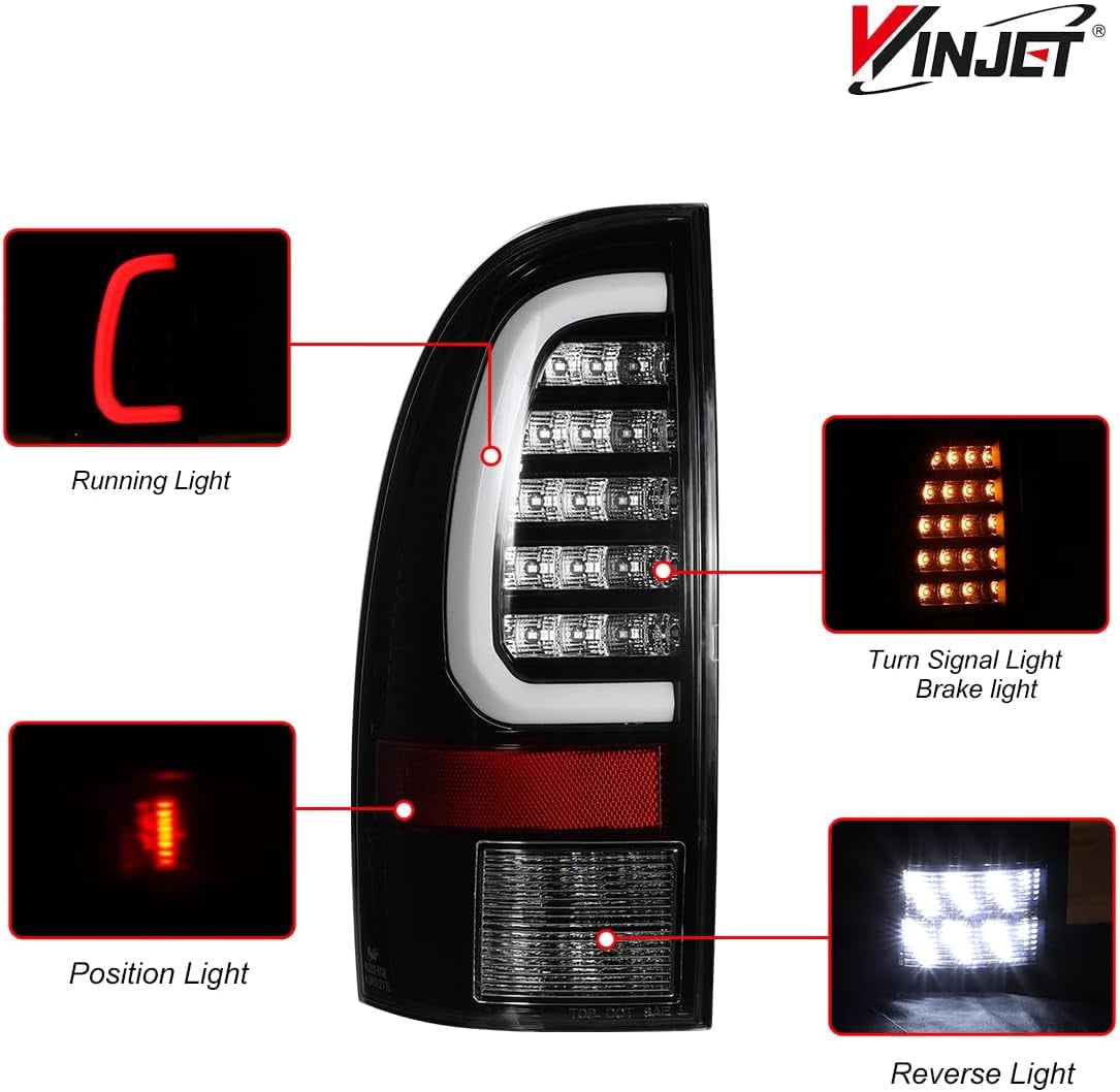 Winjet LED Tail Light Assembly Fit For 2005-2015 Toyota Tacoma,Full Led Taillight Replacement w/Yellow Sequential Turn Signal/Running/Brake/Reverse Light (Black Housing Clear Lens)