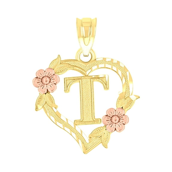 10kt Two-Tone Gold Womens Heart Flower Initial Letter T Charm Pendant