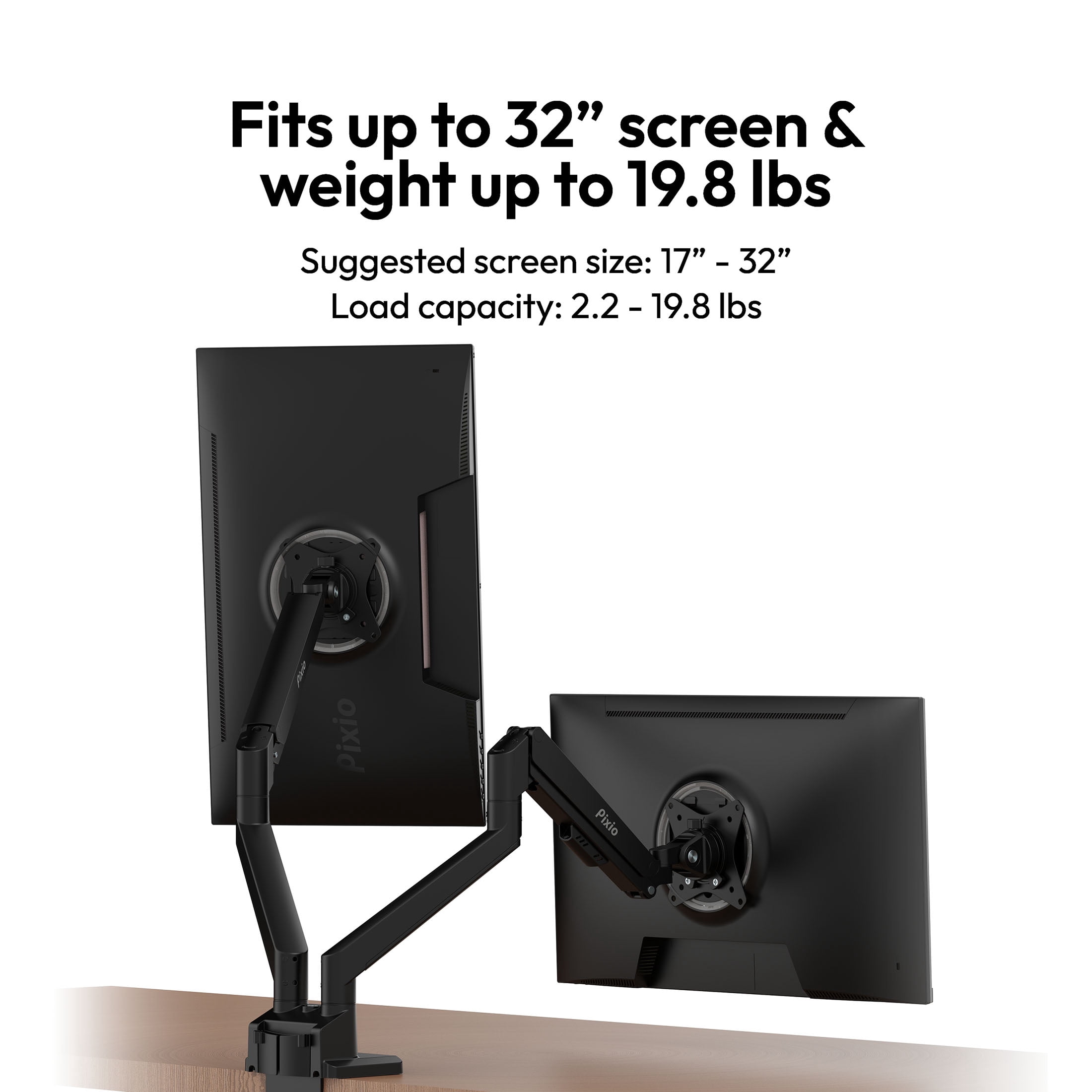 Pixio PS1D Wave Black Dual Monitor Arm Stand Desk Mount - Fits up to 32 inches Monitors and up to 19.8lbs. VESA Compatibility and Integrated Cable Management