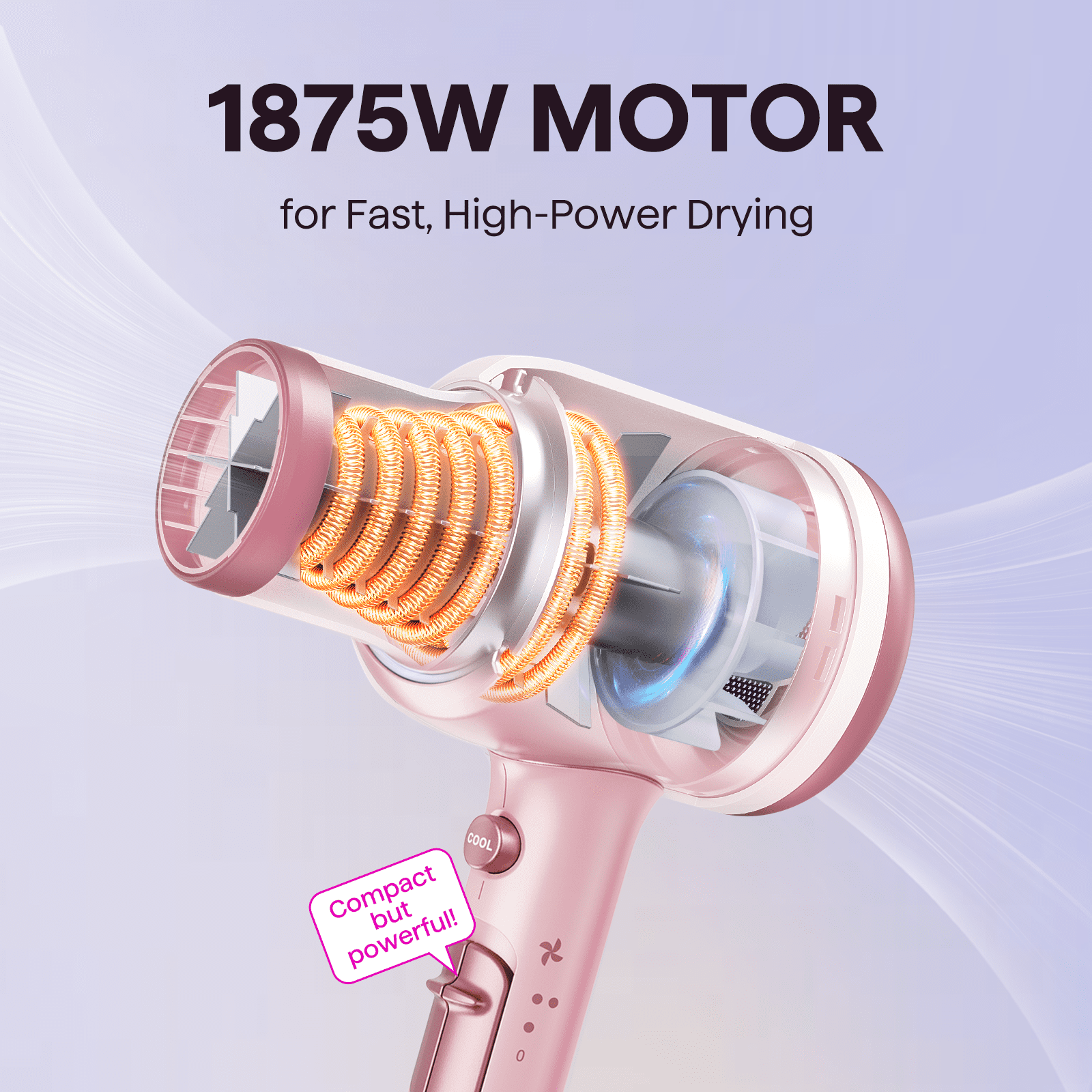 Wavytalk 1875W Hair Dryer with Diffuser, Ionic Blow Dryer for Curly Hair with Comb, 3 Attachments for All Hair Types, Light and Quiet, Pink