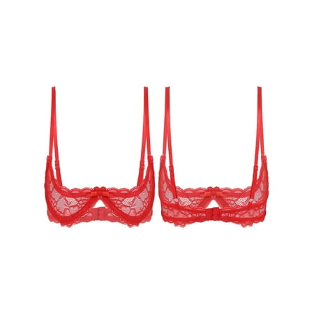 

MSemis Womens Transparent 1/4 Cup Lace Bra Balconette Underwired Unlined Bralette Tops