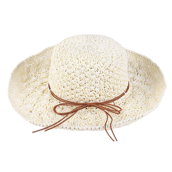 52-58cm hat circumference adjustable ladies outdoor big eaves bow beach sunshade straw hatBeige white