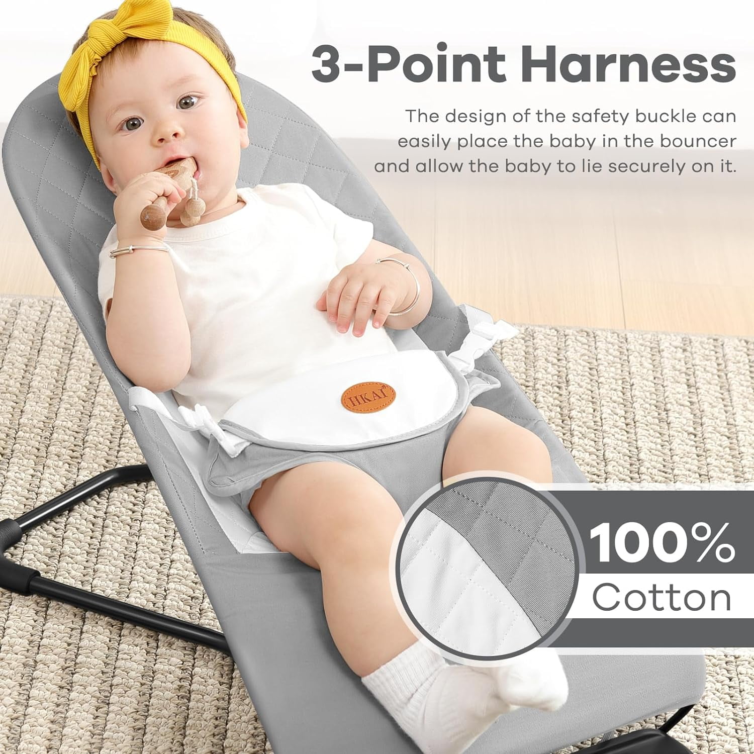 Baby Bouncer,2-in-1 Convenient,Lightweight Adjustable Rocker or Fixed,Cotton,for 0-18 Months-Light Gray