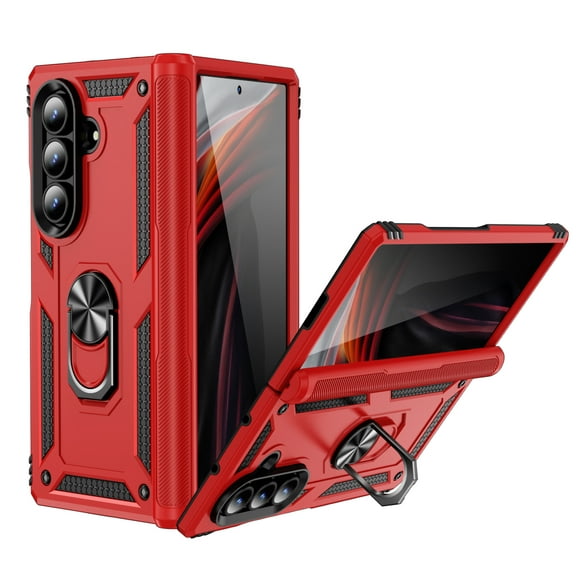 For Samsung Galaxy Z Fold 7 Case,with 360 Ring Holder Kickstand Card case, Armor Military Grade Protection Hybrid Silicone TPU PC Rugged Case, Magnetic with Car Mount Phone Cover,Red