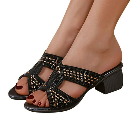

HIBRO Sandals For Women Slip On Chunky High Heels Rhinestone Peep Toe Shoes With Block Heel