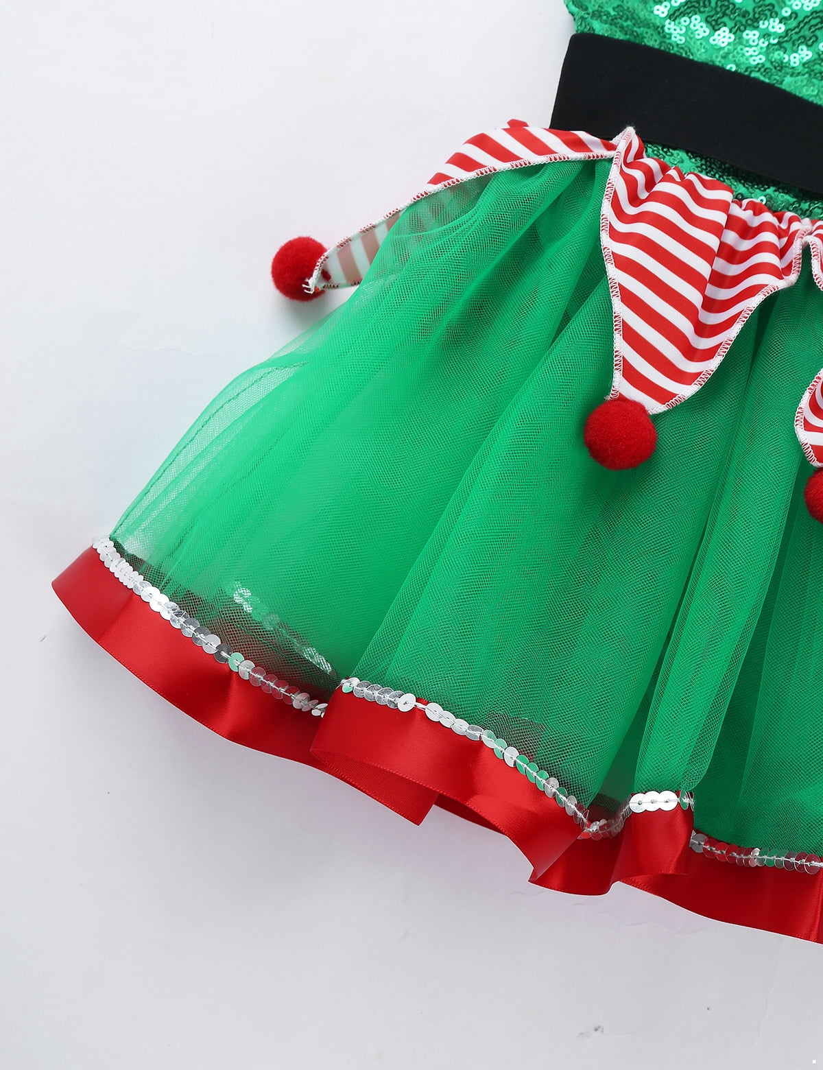 YiZYiF Kids Girls Christmas Elf Costume Figure Ice Skating Ballet Dance Tutu Dress with Hat Dancewear Green 12