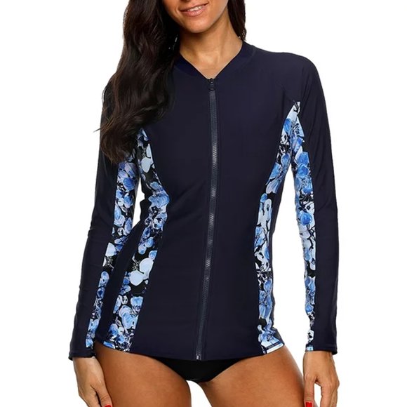 Women's Zip Front Rash Guard Long Sleeve Rashguard Top Sun Protection Swim Shirt