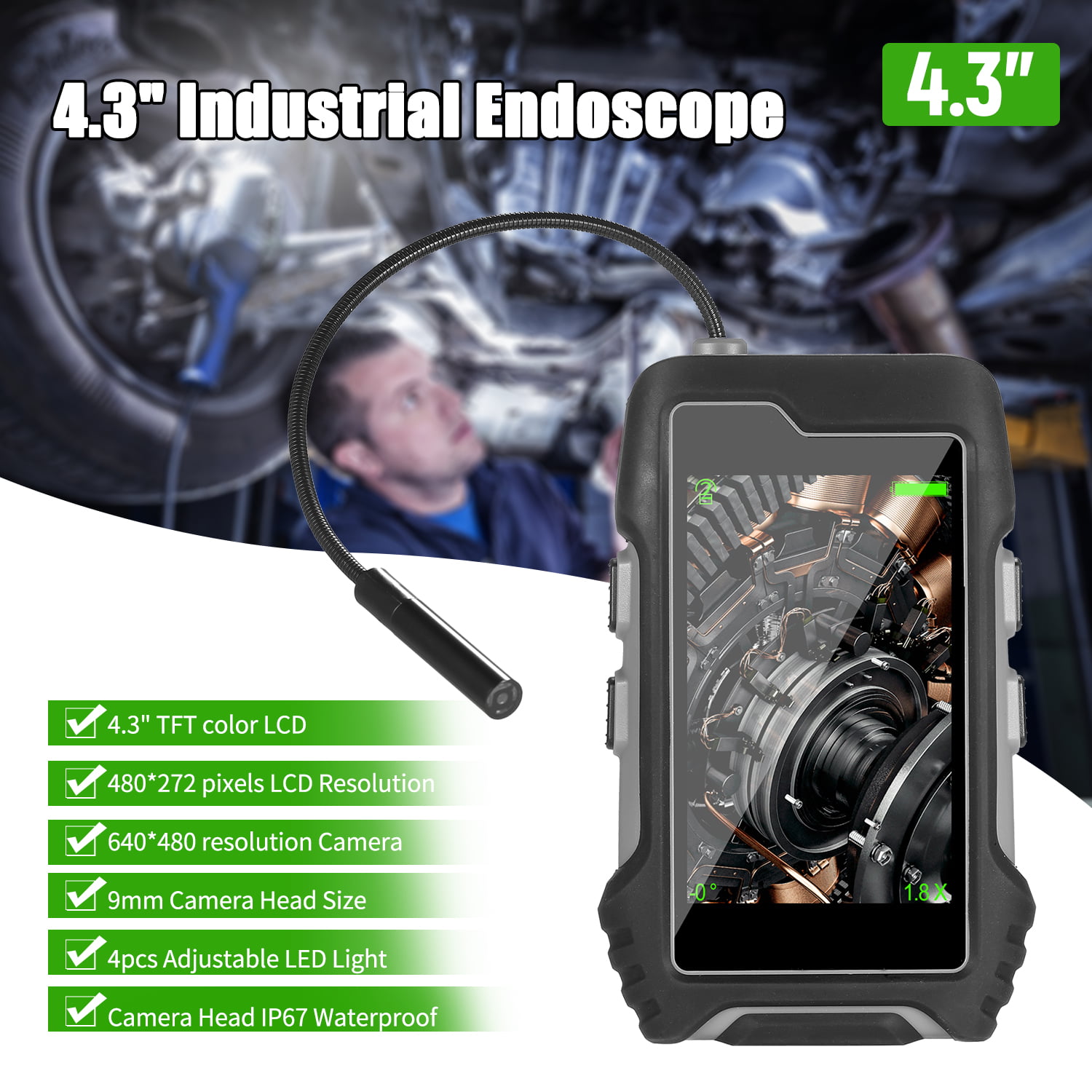 Pipe Inspection IP67 Waterproof Industrial Borescope 4.3 Inch Endoscope Camera for Drain Detection for Monitoring Aquaculture 5m Cable 