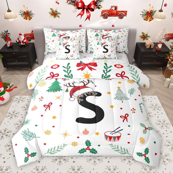 Homewish Christmas Initial S Letter Twin Bedding Sets 7-Piece for Teens, Cartoon Santa Claus Hat Bedding Comforter Set, Xmas Tree Reversible Sheet Sets, Ultra Soft Bedroom Decor
