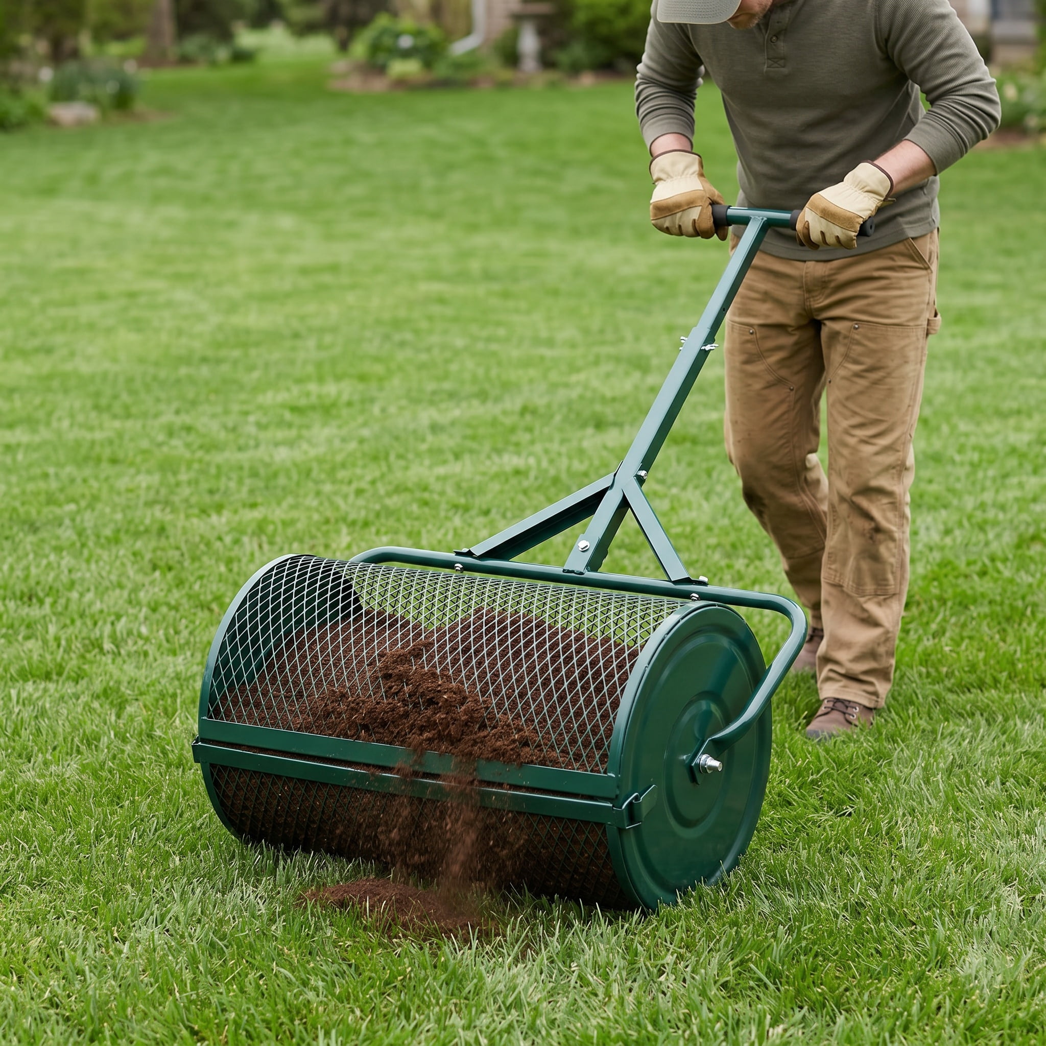 Zateety Peat Moss Spreader 24inch, Compost Spreader Metal Mesh, T shaped Handle for planting seeding, Lawn and Garden Care Manure Spreaders Roller