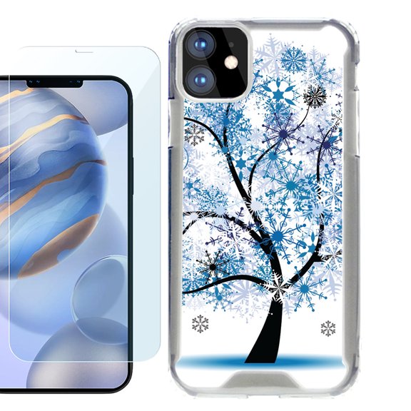 For Apple iPhone 12 Case, iPhone 12 Pro Case, Hybrid Bumper Phone case, with Tempered Glass Screen Protector, by OneToughShield ® - Snowflakes Tree