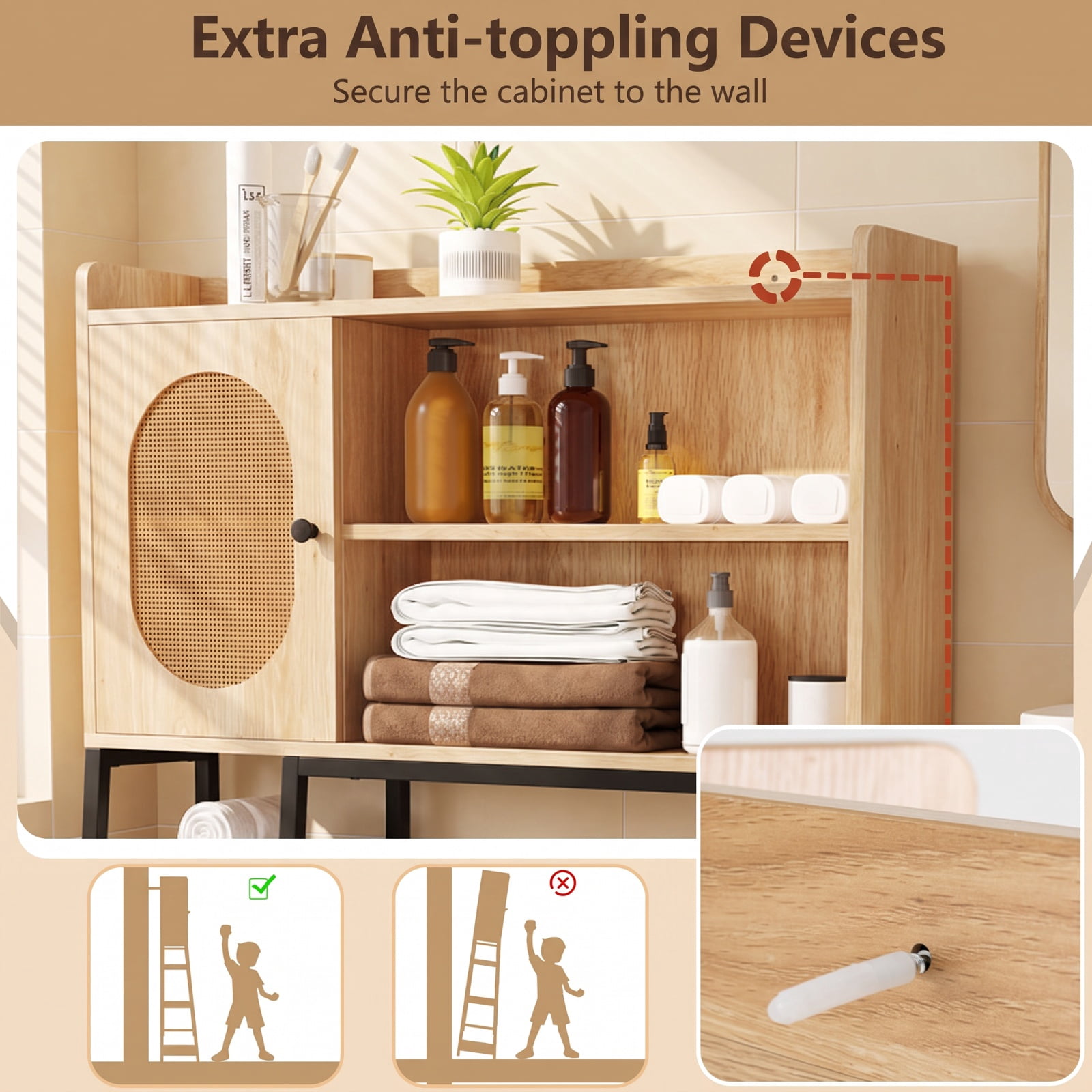 Vebreda Over-the-Toilet Storage, Over The Toilet Storage Cabinet with PE Rattan Door and Open Storage Shelves, Diverse and Flexible Storage Space