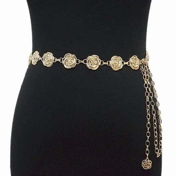 Zhengup 1Pc Gold Silver Color Rose Chain Belt Women Fashion Metal Thin Shiny Flower Belts Female Jeans Dress Decoration Belt