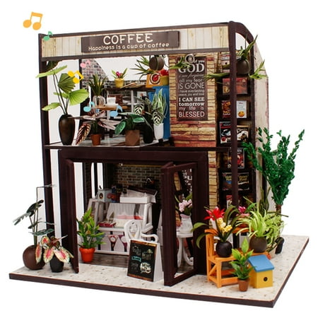 

DIY Miniature Dollhouse Kit Wooden Coffee Shop Dollhouse Model Building Kits Toys with Music Movement Tiny House Model with Lights and Removable LED Lights Creative Birthday Gift for Kids Boys Girls