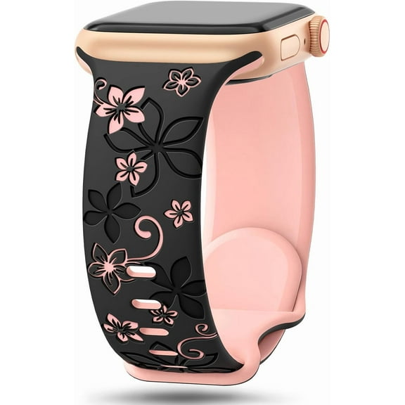 Floral Engraved Bands Compatible with Apple Watch Band 41mm 40mm 44mm 45mm 42mm 38mm 49mm 46mm for Women,Cute Flower iWatch Bands Soft Silicone Sport