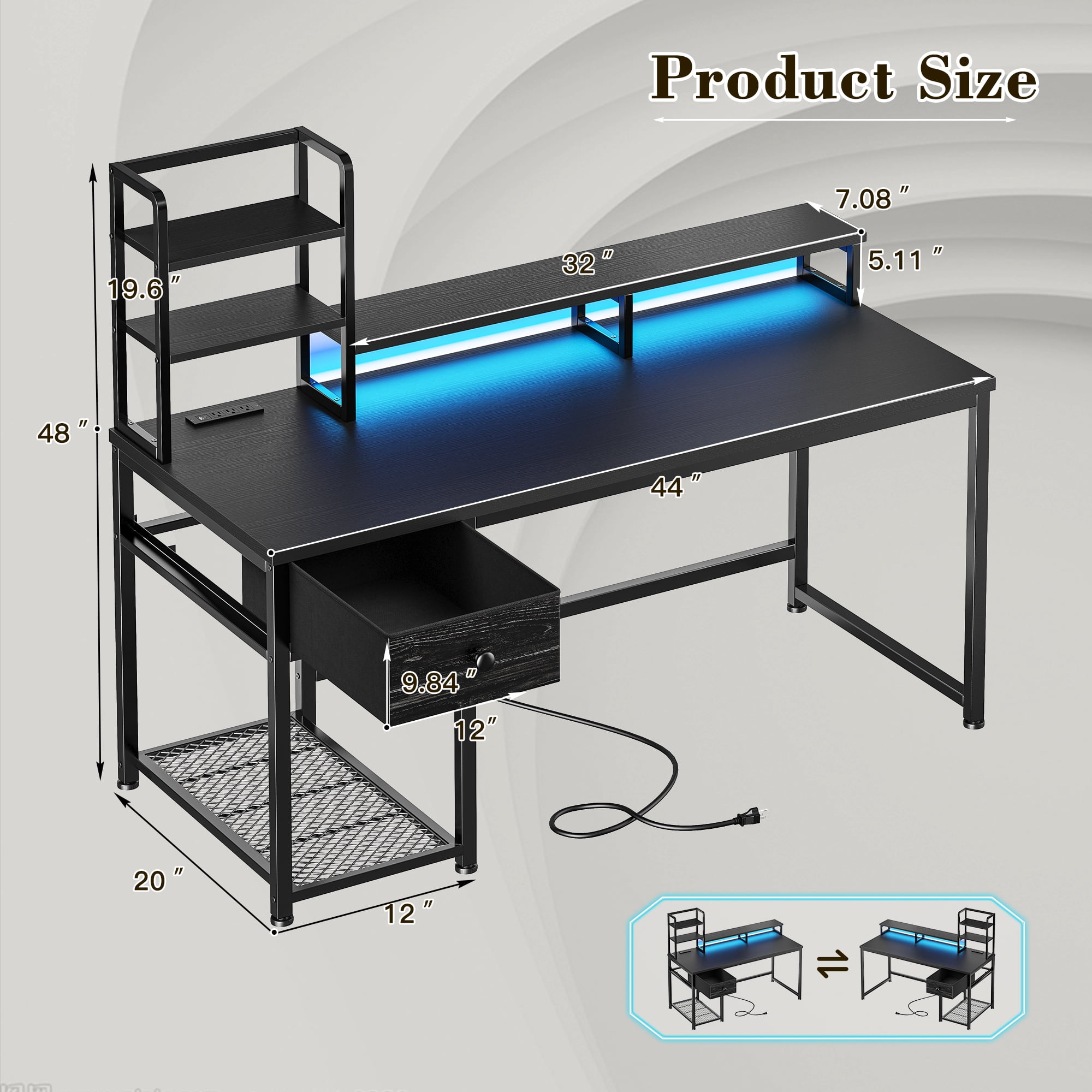 Romorgniz 44"W Computer Desk with Hutch, Gaming Desk with LED Lights & Power Outlets, Small Desk with Drawer and Monitor Stand, Writing Desk for Home Office, Black