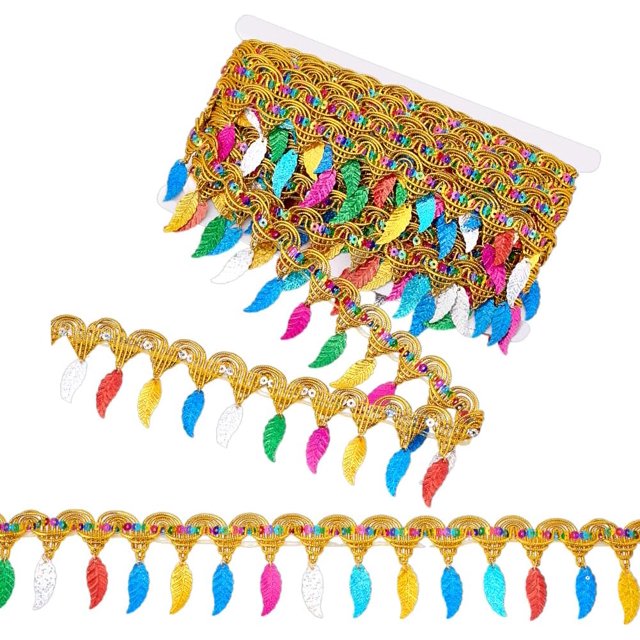 Polyester Colorful Tassel Lace Trim with Paillettes Gold Leaf 2-1/8 inch(55mm)