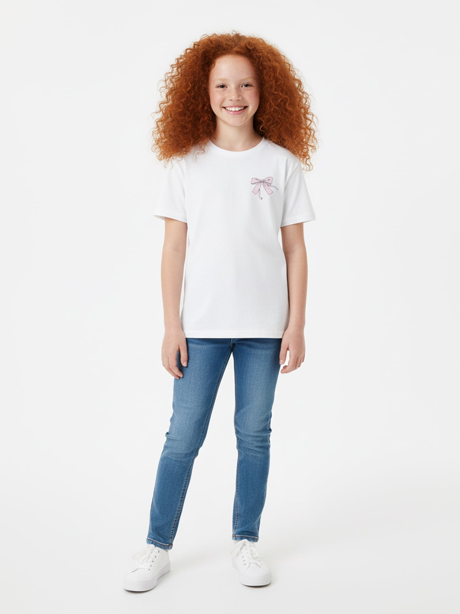 Wonder Nation Girls Bonjour Bows Graphic Print Crewneck Tee with Short Sleeves, Sizes 4-18