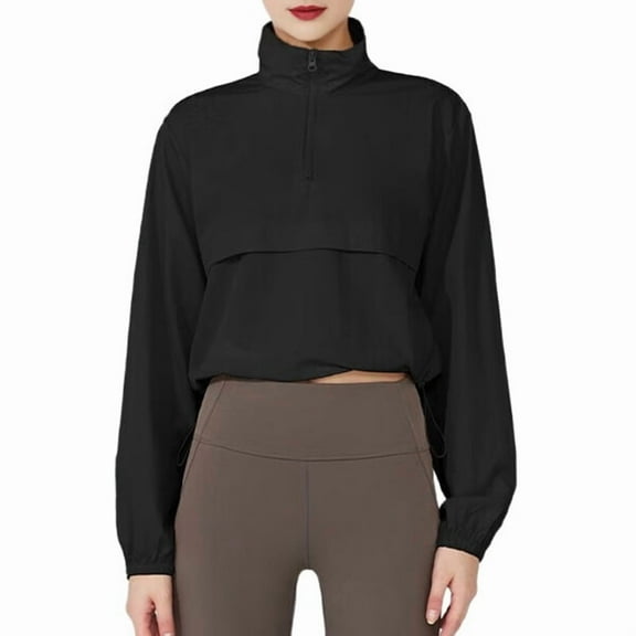 Women'S Zip Up Athletic Jacket Stand Collar Windproof Sun Protection Workout Outdoor Jacket Black L