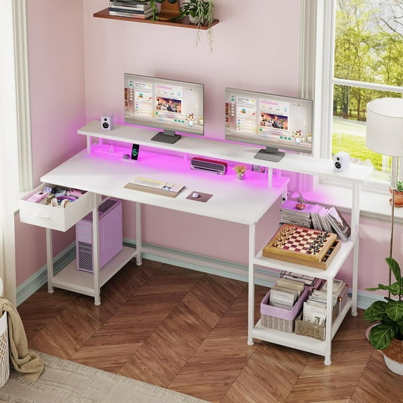 55" W Computer Desk, Home Office Desks with LED & Power Outlet, Gaming Desk with Printer Storage Shelves & Storage Drawer, Reversible Desks Study Table with Monitor Shelf, Blackwhite