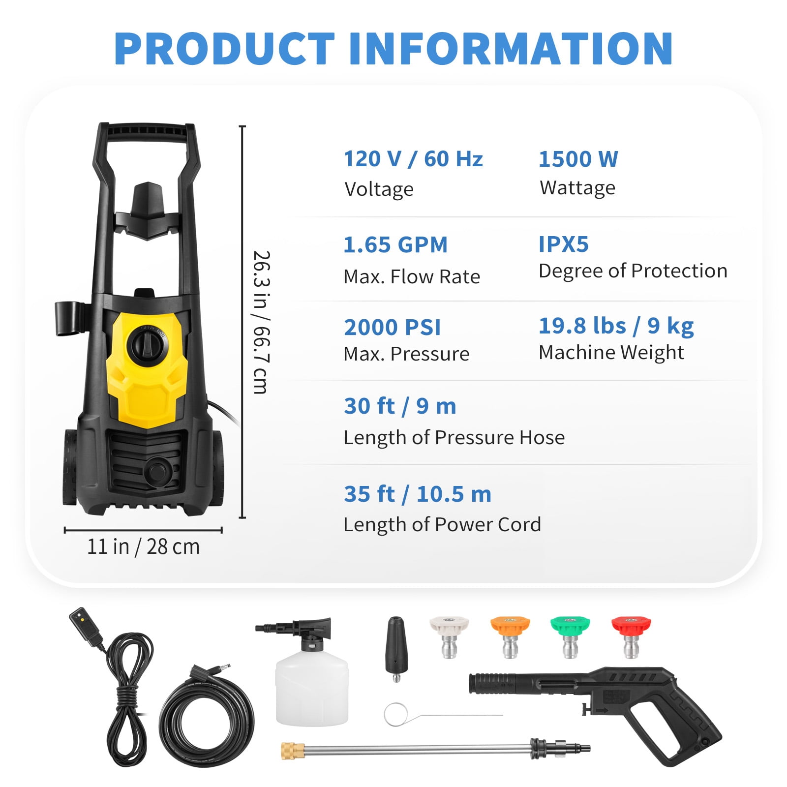 BENTISM Electric Pressure Washer, 2000 PSI, Max. 1.65 GPM Power Washer w/ 30 ft Hose, 5 Quick Connect Nozzles, and Foam Cannon, ETL Listed