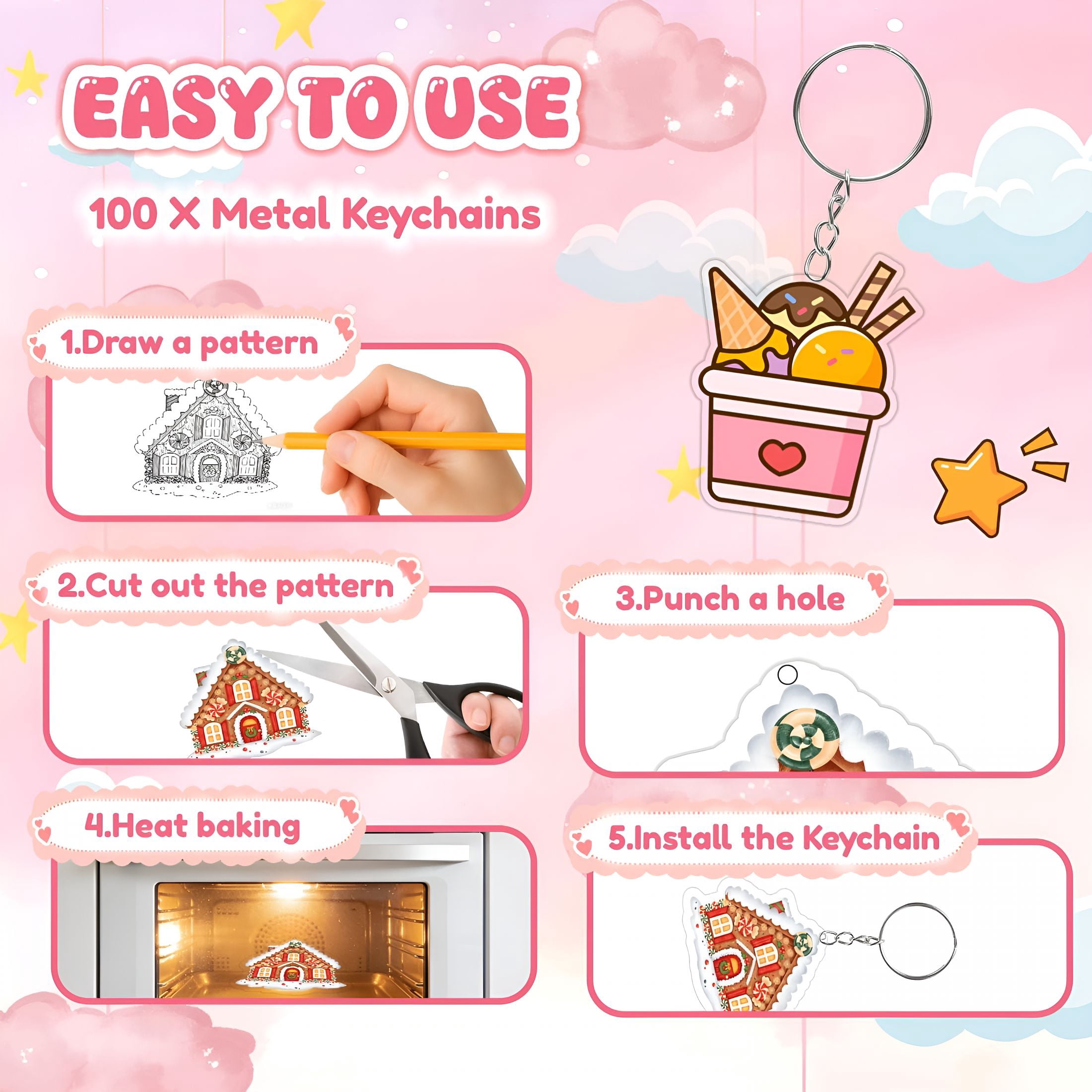 BESTSKY 225Pcs Shrinky Dink Kit for Kids,Shrinky Dink Sheets & Shrink Plastic Sheets Kit with 25 Paper (7.87 X 11.4In),Keychain Making Kit with 100 Keychains & Rings,Diy Crafts for Kids